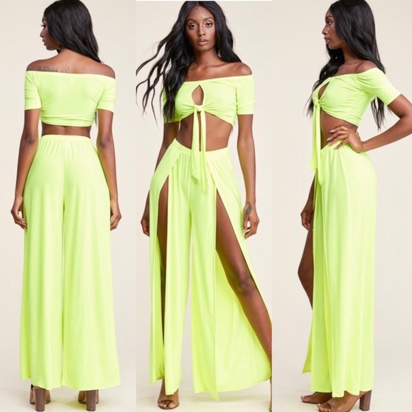 ‼️ Neon Yellow Split Leg Maxi Pants Crop Top Set - Picture 8 of 8